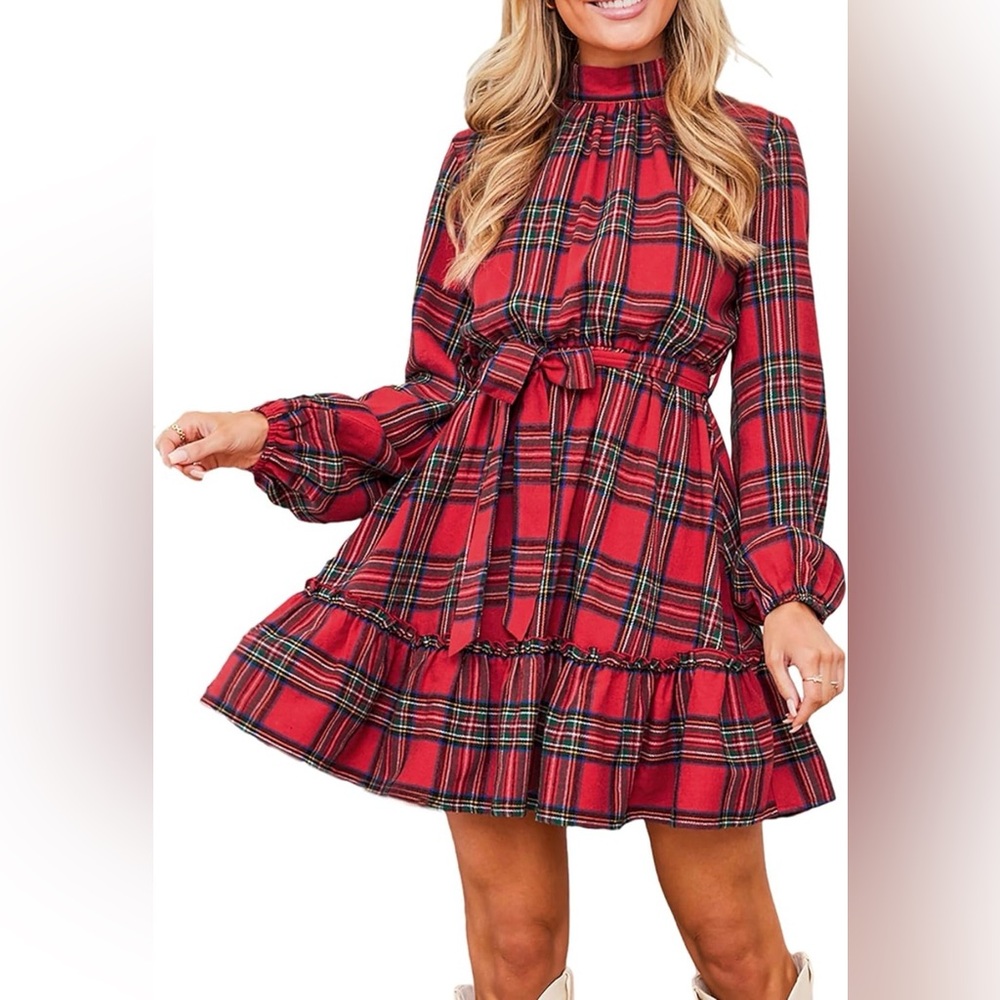 Cupshe Red Plaid Holiday Mini Dress - Long Sleeve, Tie Waist - Size Medium